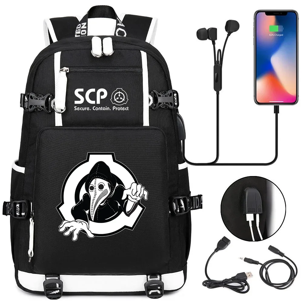 sac à dos scp foundation cartable noir, sacs d'école de dessin animé pour enfants adolescents, sac à dos de voyage scp, sacs initiés par ordinateur portable usb