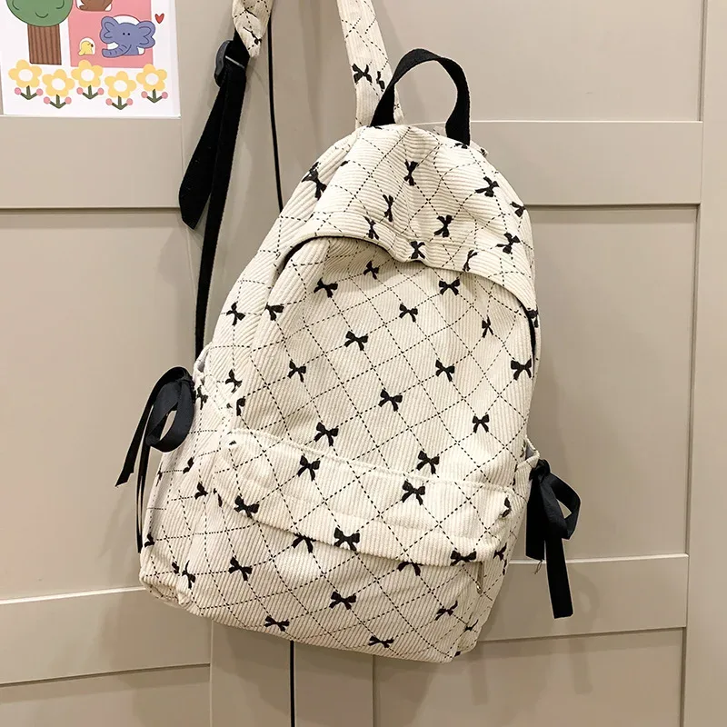 Sac à dos avec nœud en velours côtelé pour étudiantes, pour lycéennes, joli sac à dos pour collège, automne et hiver
