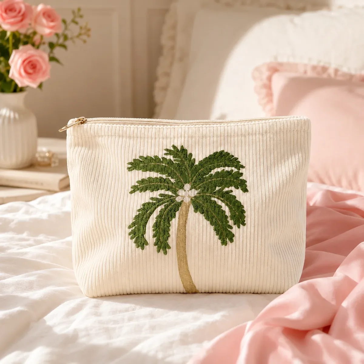 Pochette de maquillage en velours côtelé brodée de palmiers tropicaux, trousse de toilette souple à fermeture éclair pour femme, organiseur de voyage pour vacances à la plage