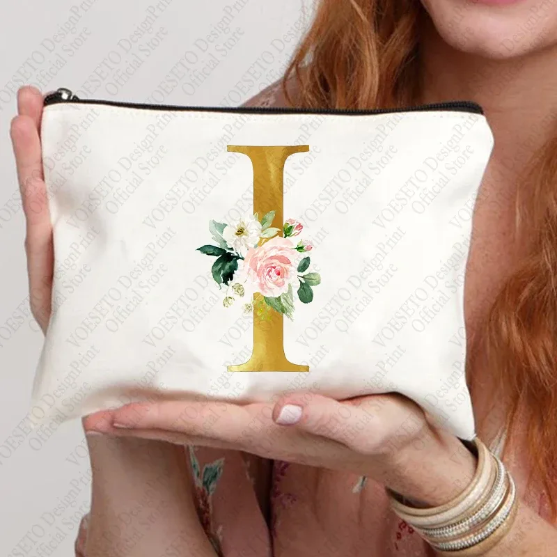 sac à fermeture éclair à motif initial pour femme, trousse de maquillage cosmétique, poudres de toile de bain de mariage, sacs de rouge à lèvres de voyage, cadeau de fête d'enterrement de vie de jeune fille