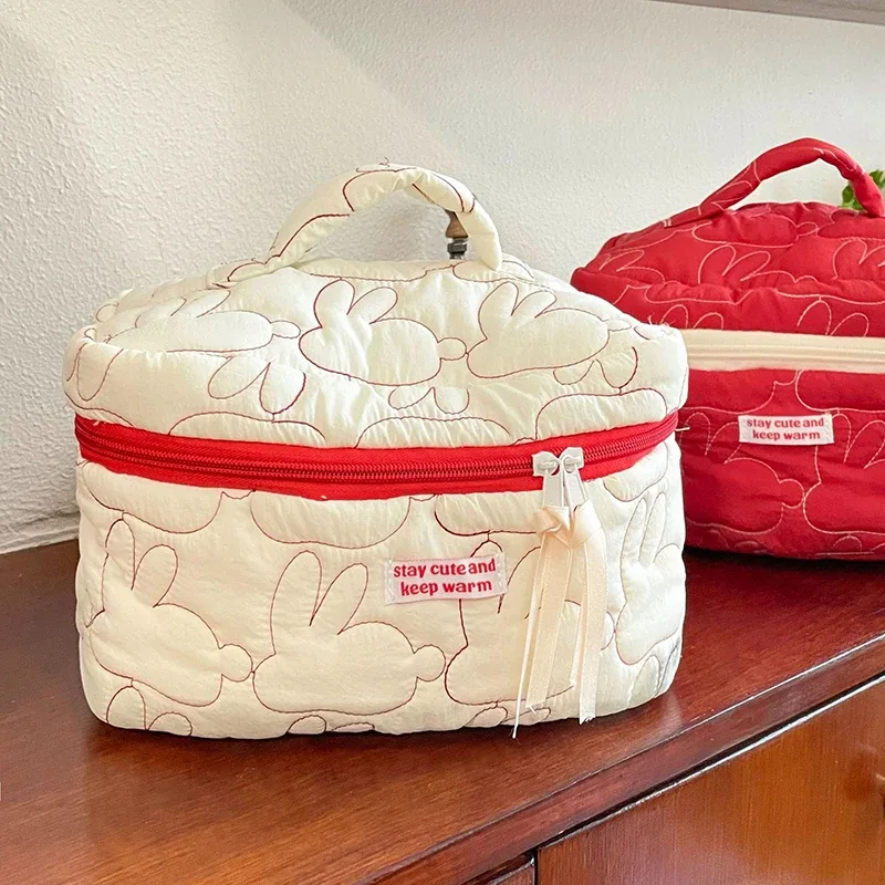 Mignon femmes Portable lapin matelassé coton sac cosmétique sac à main dame fourre-tout pochette de maquillage organisateur de voyage sacs de rangement avec fermeture éclair