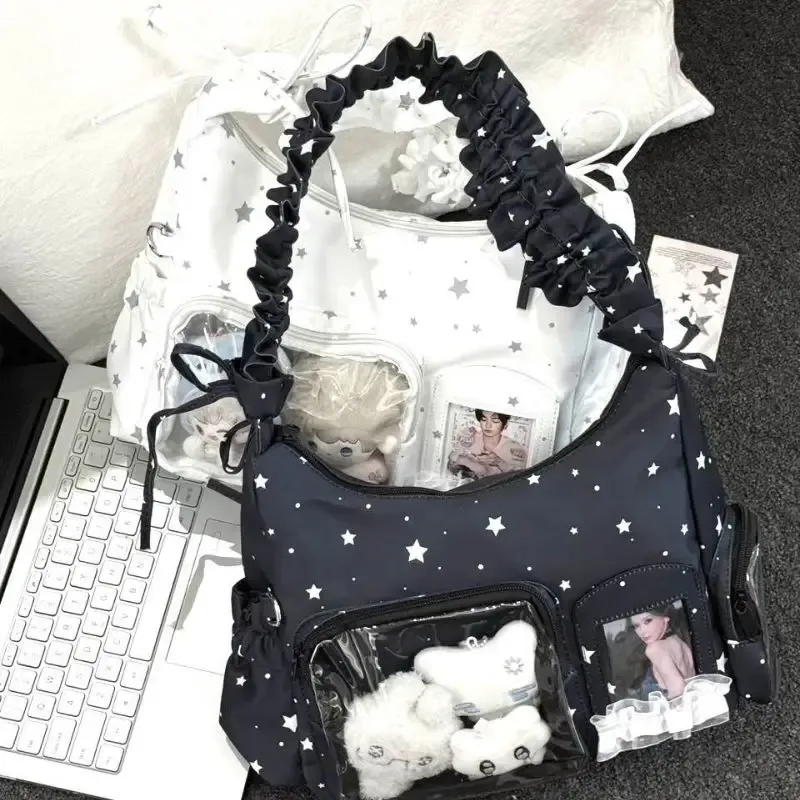 sac à bandoulière plissé à volants avec fenêtre transparente, motif étoile, pour cartes photo d'idols kpop, sac décontracté