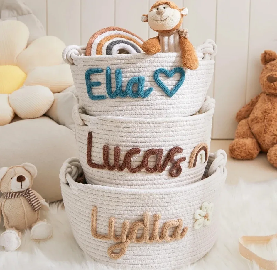 panier personnalisé pour bébé, corde brodée en coton, cadeaux pour nouveau-né, sac de rangement pour cadeau de réception-cadeau pour bébé, organisateur de jouets pour enfants