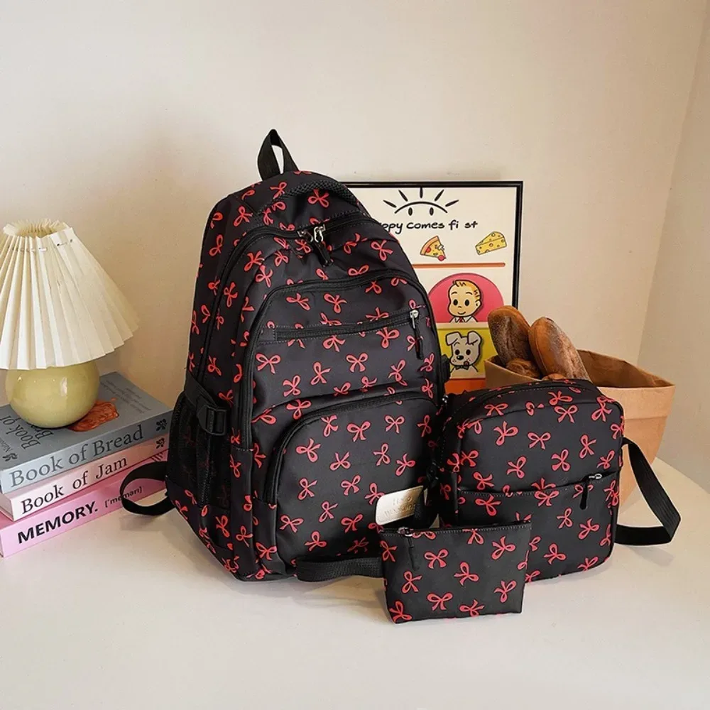lot de 3 sacs à dos mignons grande capacité avec nœud, imprimé nœud, bretelles réglables, sac à dos d'étudiant en nylon, sac à dos de voyage