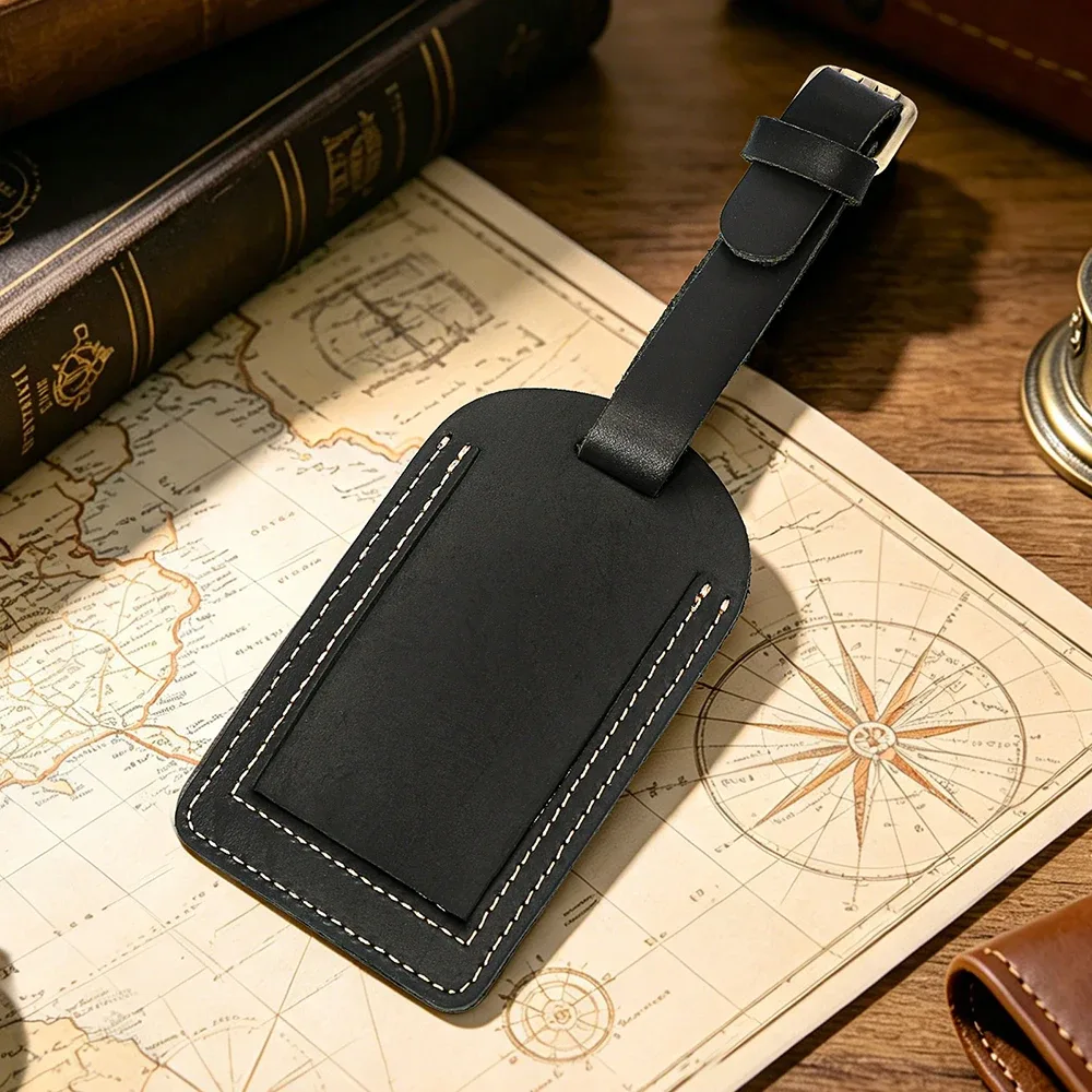 étiquette de bagage vintage en cuir véritable crazy horse avec cache de confidentialité, étiquette d'identification et d'adresse, sangle réglable, accessoire de voyage pour valise et bagages