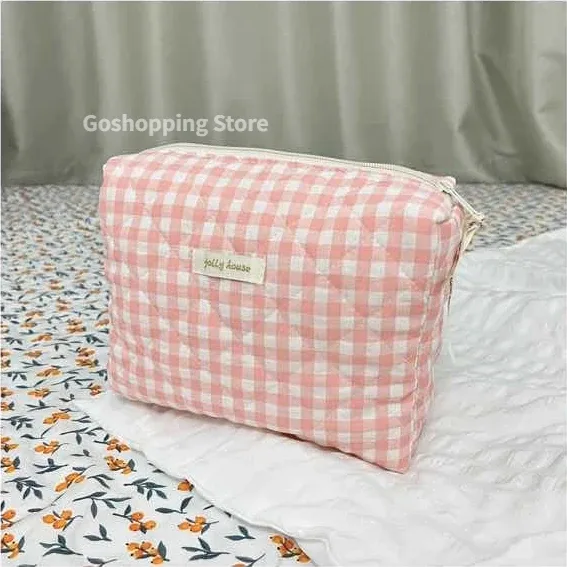 sac de rangement de voyage en coton matelassé pour femmes, sacs à cosmétiques rétro cerise, design mignon, trousse à crayons pour filles, trousse de maquillage, sacs à main