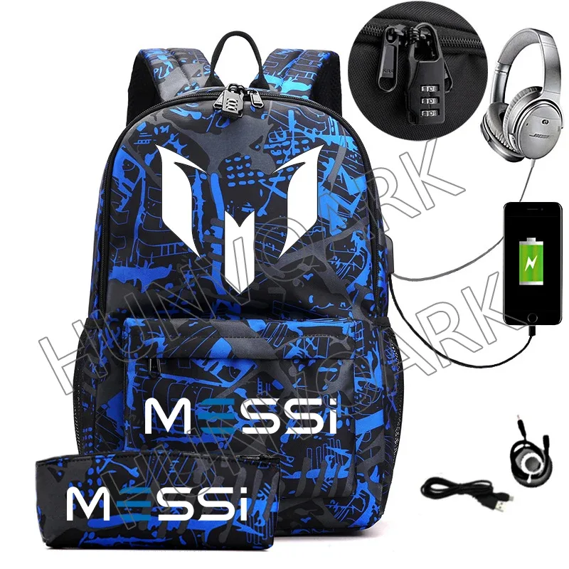2 pièces messi sac à dos an-ti lock usb femmes hommes capacité adolescents sacs d'école pour ordinateur portable décontracté lycéens mochilas