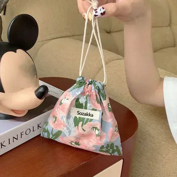 sac de maquillage mignon, cadeau de noël, organisateur de bijoux de bonbons, sac de rangement floral en coton et lin, pochette de rangement de finition pour femmes
