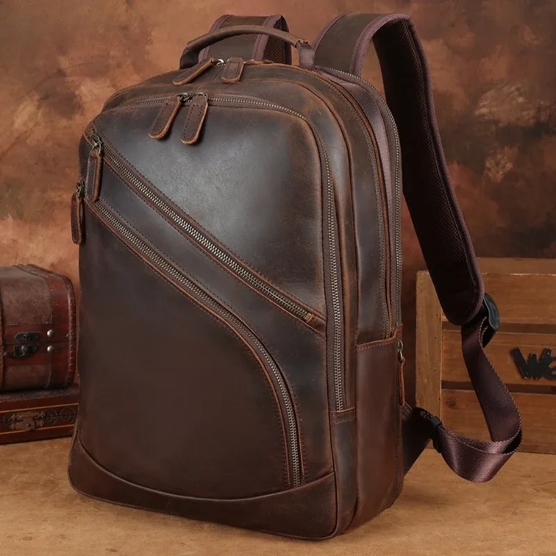 sac à dos pour ordinateur portable en cuir véritable pour hommes de 15,6 pouces, sac d'affaires en cuir de vache de qualité supérieure, sac à dos de voyage et de camping