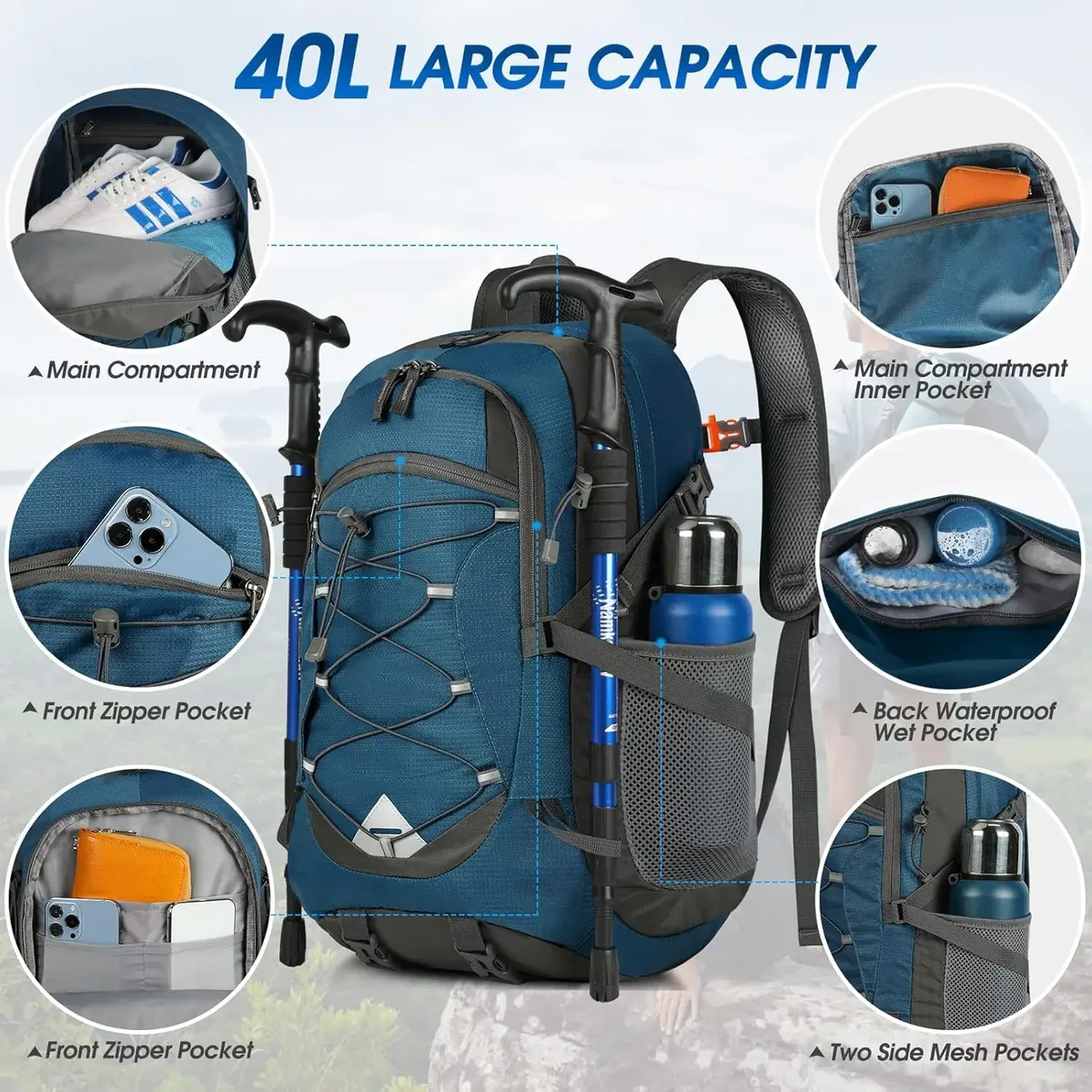 RAINSMORE Sac à dos de randonnée léger 40L Sac à dos de camping étanche Sac à dos pliable pour femmes et hommes Sac à dos de voyage en plein air