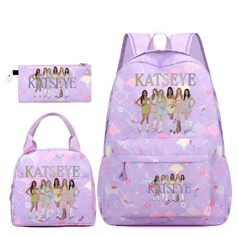 Ensemble de sacs à dos KATSEYE 3 pièces, sac à dos grande capacité pour étudiants avec sac à lunch et trousse à crayons, sac à dos décontracté et tendance