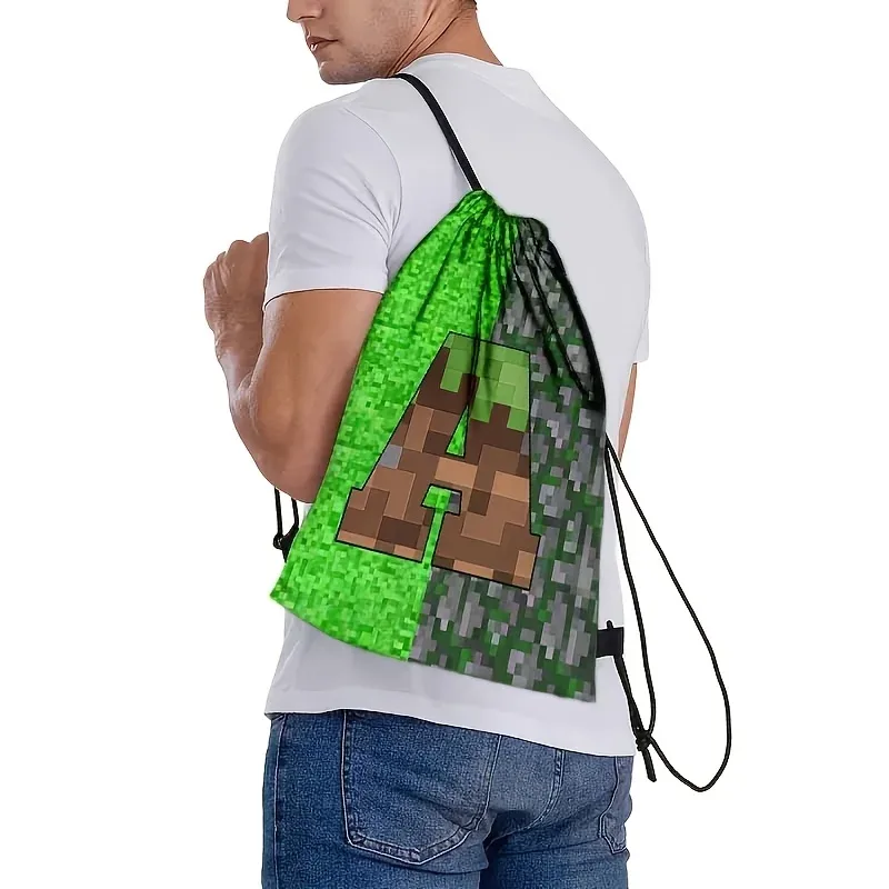Sac à dos à cordon de serrage de grande capacité pour jeux vidéo, avec lettrage pixelisé, unisexe, motif géométrique multicolore, 1 pièce