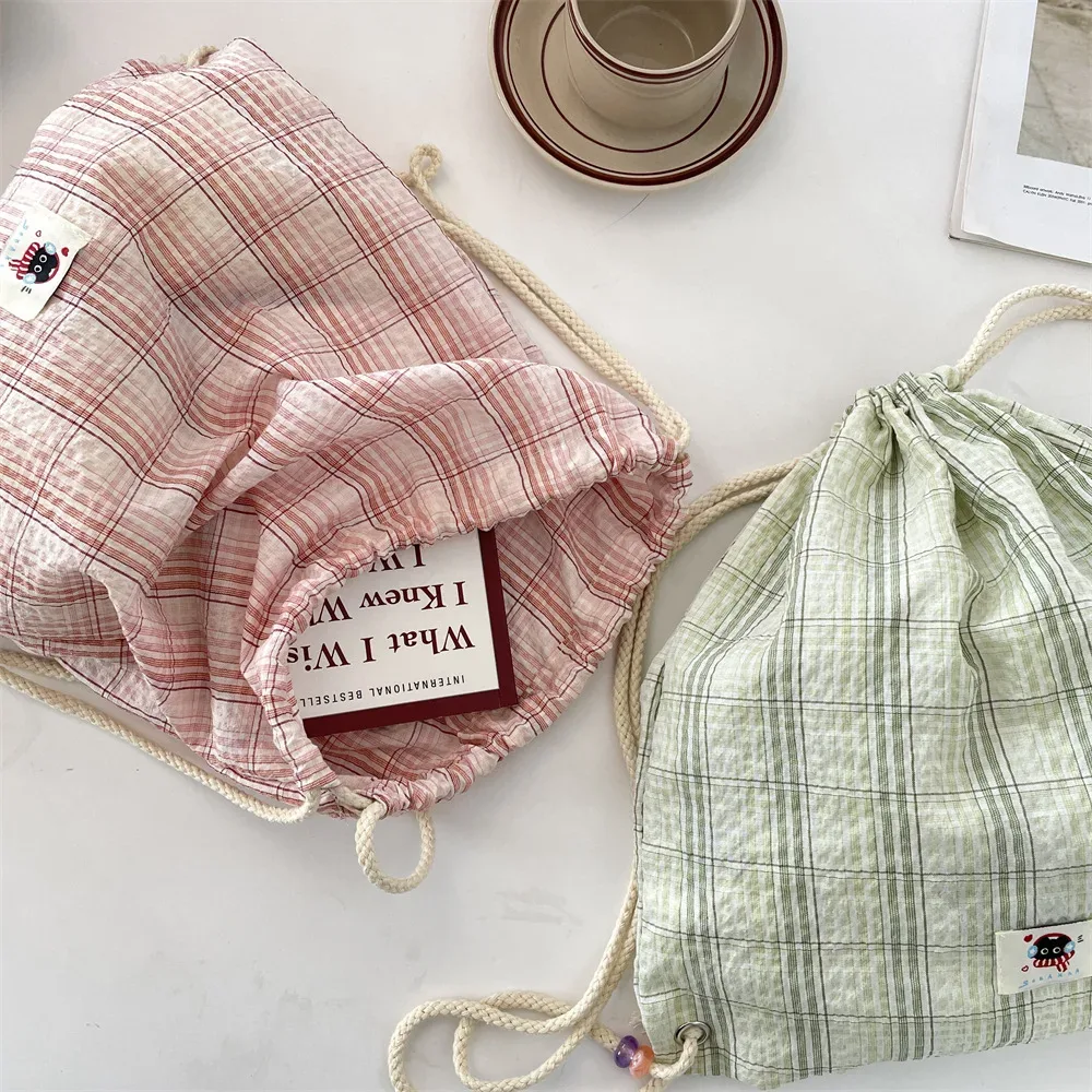 sac à dos d'été pour femmes, sac à dos à deux épaules avec cordon de serrage, sac à dos kawaii pour adolescentes, sac à dos coréen en toile ultra légère à carreaux