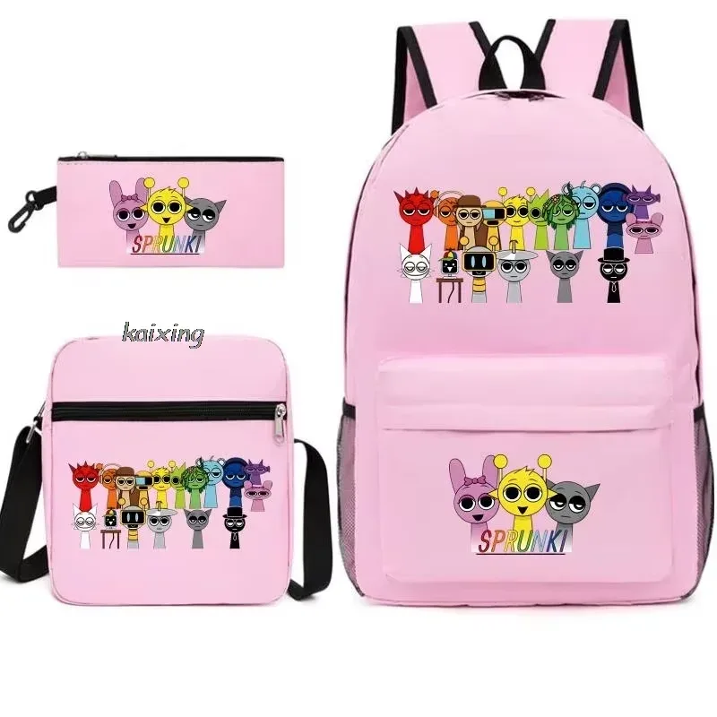 ensemble de 3 sacs à dos sprunki à imprimé anime, avec sac fourre-tout et pochette, grande capacité, léger et respirant, sac à dos décontracté tendance