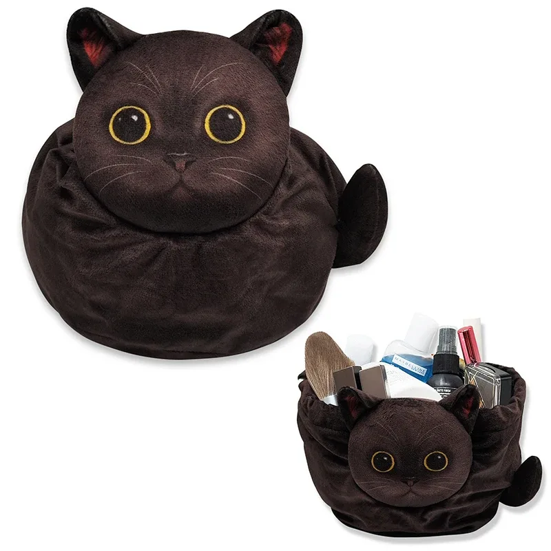 trousse de maquillage chat mignon, fermeture à cordon, conception tête de chat 3d, pochette cosmétique plate, cadeau pour femmes amoureux des chats, sac organisateur de voyage