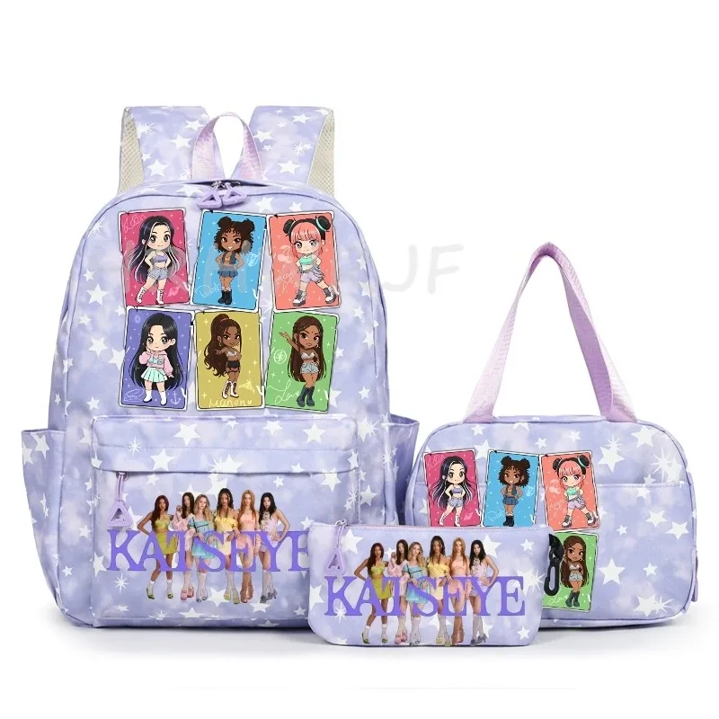 sac à dos katseye à thème musical, 3 pièces, imprimé étoiles roses, cartable amusant pour adolescents, étudiants, femmes, sac à dos pour ordinateur portable, sac de voyage mochila