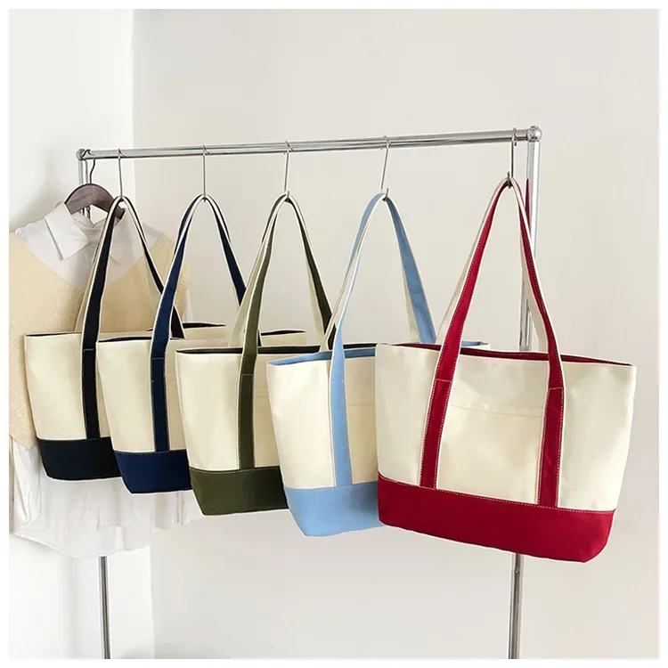 sac à bandoulière en toile personnalisable avec nom, poche avant color block, grand sac fourre-tout décontracté réutilisable pour femme, plage, shopping quotidien