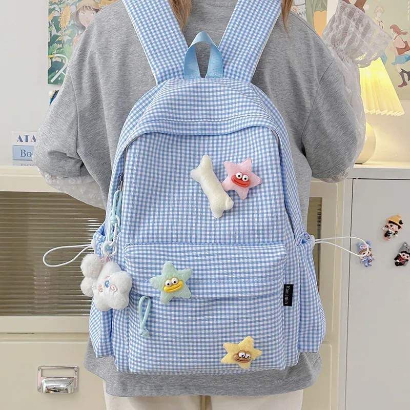 sac à dos pour femme style campus, motif écossais simple, grande capacité, décontracté, pour voyage, sac à double bandoulière en nylon, style frais et doux