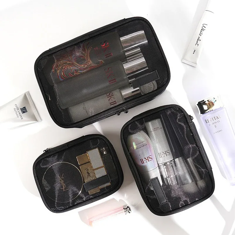 1/3 pièces femmes sac de maquillage femmes couleur unie fermeture éclair sac cosmétique maille transparent décontracté voyage portable mini lavage sacs de rangement