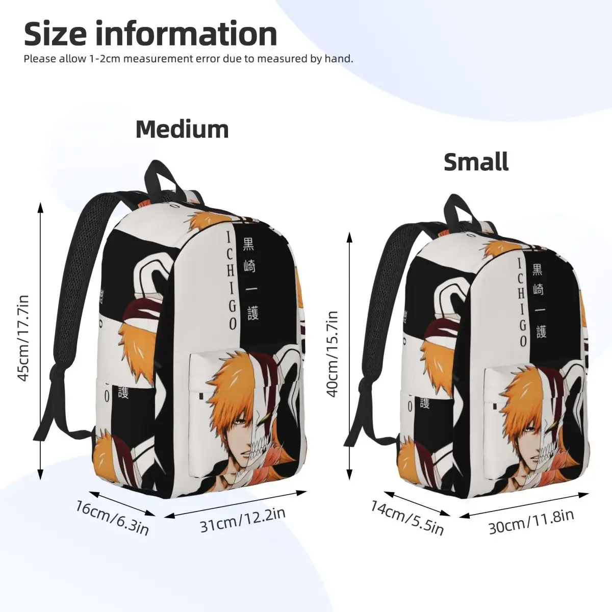 ichigo kurosaki anime bleach sac à dos d'étudiant, sac d'école, sac à dos de randonnée, sac de voyage pour hommes et femmes, sac à bandoulière