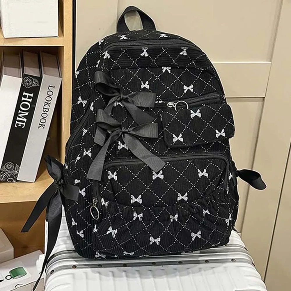 sac à dos décontracté en velours côtelé avec nœud, design soyeux, pour étudiants, en polyester, avec sangles fixes, grande capacité