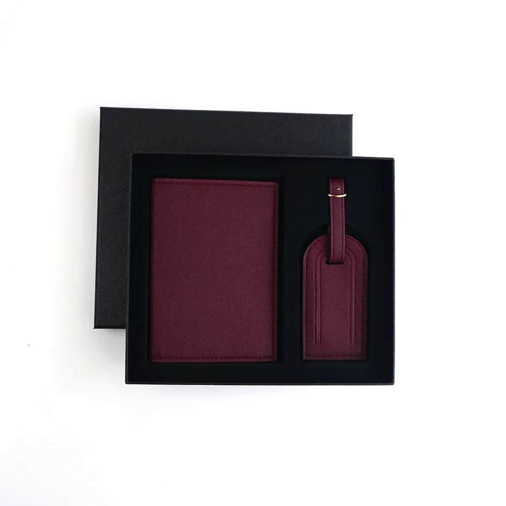 ensemble personnalisé avec nom, porte-passeport et étiquette de bagage en cuir pu safiano unisexe, coffret cadeau