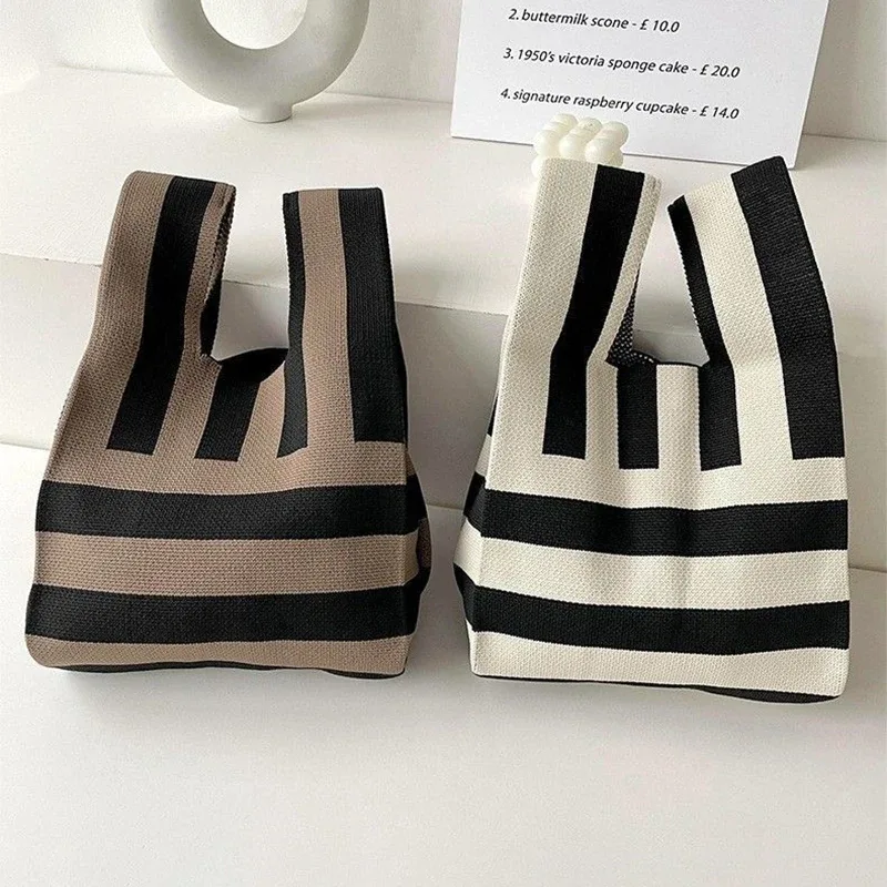 sac à main en tricot fait à la main pour femme, mini sac de poignet à nœud, sac fourre-tout à carreaux à large rayure, sacs à provisions réutilisables pour étudiants, document décontracté japonais