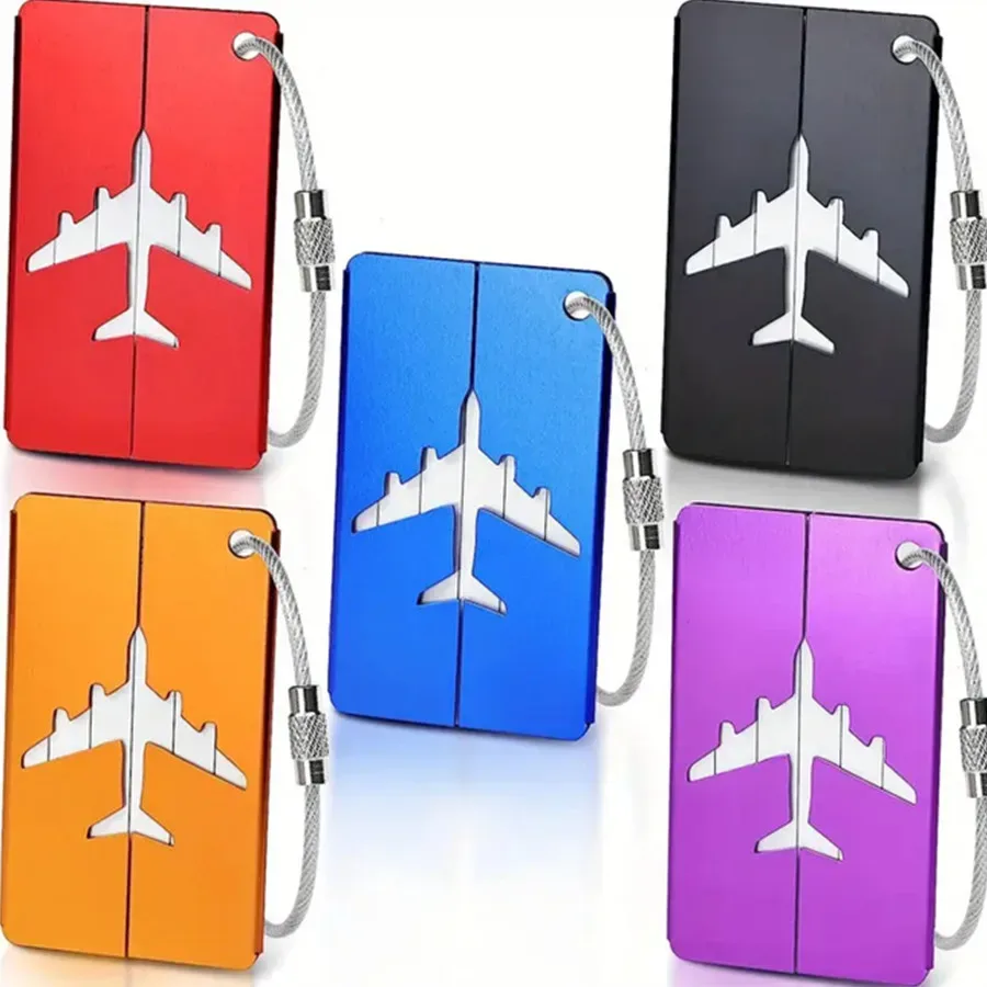 étiquette de bagage de voyage en alliage d'aluminium, étiquette suspendue pour valise, avion avec nom, cartes d'identité, accessoires de voyage anti-perte, 5 pièces
