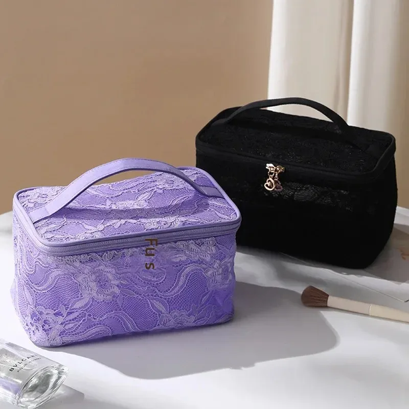 sac de maquillage portable de luxe, sac de rangement de cosmétiques design en dentelle, pochette de toilette de voyage, sac à main en fiber de polyester avec fermeture à glissière