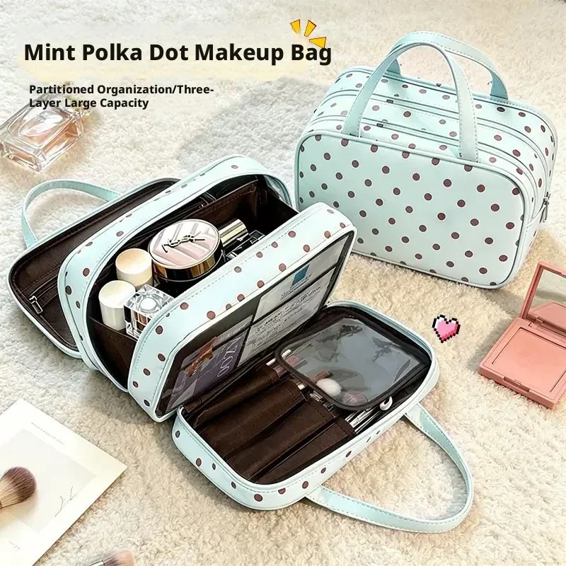 sac de maquillage portable à pois, multifonctionnel, à trois compartiments, en pu, grande capacité, imperméable, sac de rangement de voyage