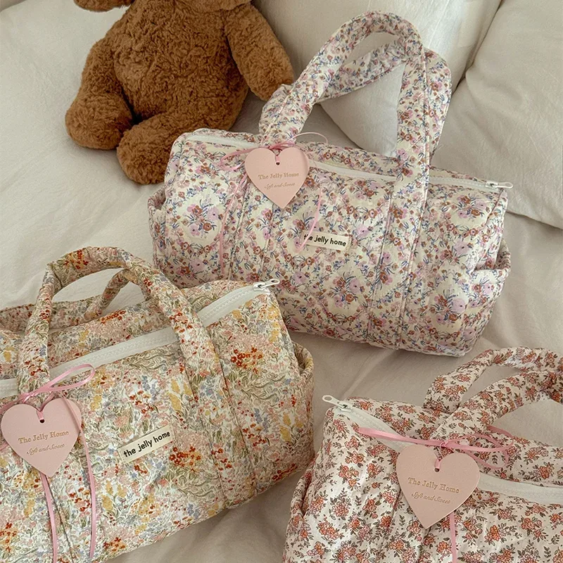Sac à main cylindrique à imprimé floral, trousse de toilette de voyage portable, pochette de rangement à grande capacité, trousse de toilette cosmétique pour femme en plein air