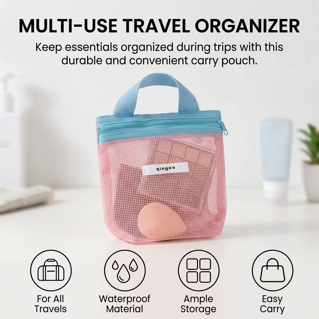 pochette de plage portable en maille transparente avec poignée, sac de voyage pour crème solaire, clés, câbles, organiseur de toilette