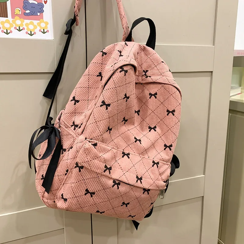 sac à dos avec nœud en velours côtelé pour étudiantes, pour lycéennes, joli sac à dos pour collège, automne et hiver