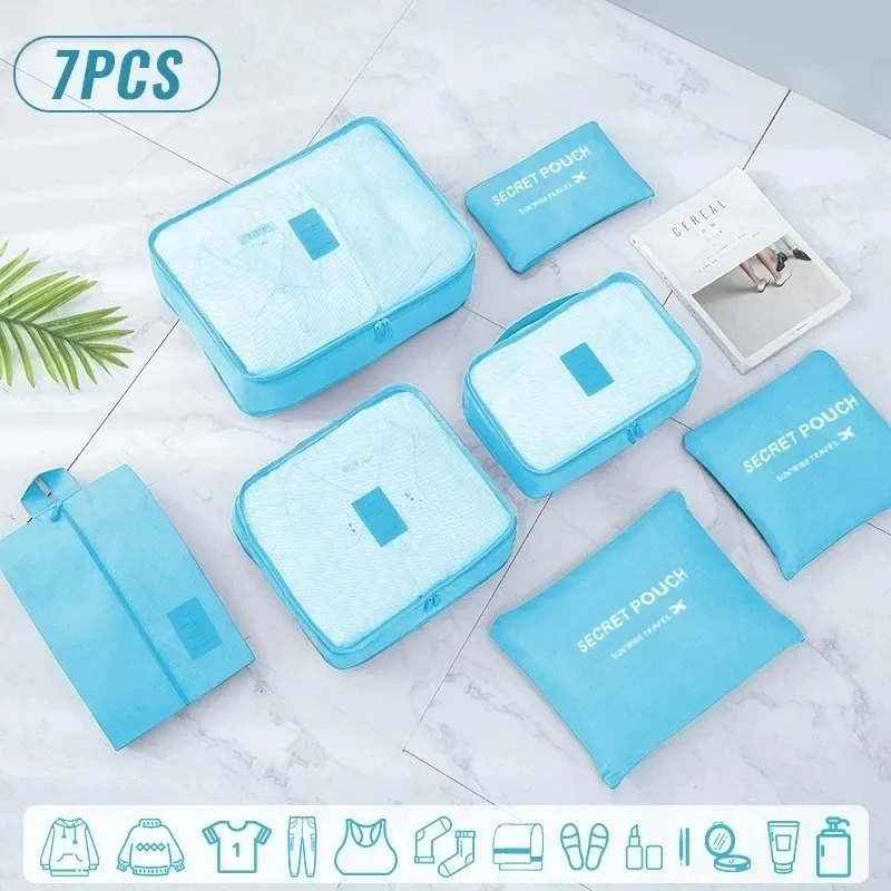 6/7 pièces ensemble organisateur de voyage sacs de rangement emballage multifonction cube sac pour vêtements bien rangé portable garde-robe valise pochette