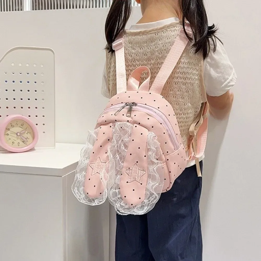 Sac à dos décontracté à oreilles de lapin style coréen, motif cœur, grande capacité, en nylon à pois, pour l'école et l'extérieur