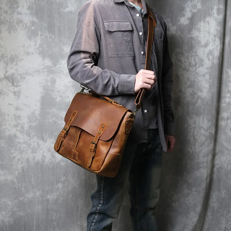 sac à main en cuir crazy horse rétro britannique, sac messager en cuir pour homme, sacoche de postier grande capacité, porte-documents en cuir baotou