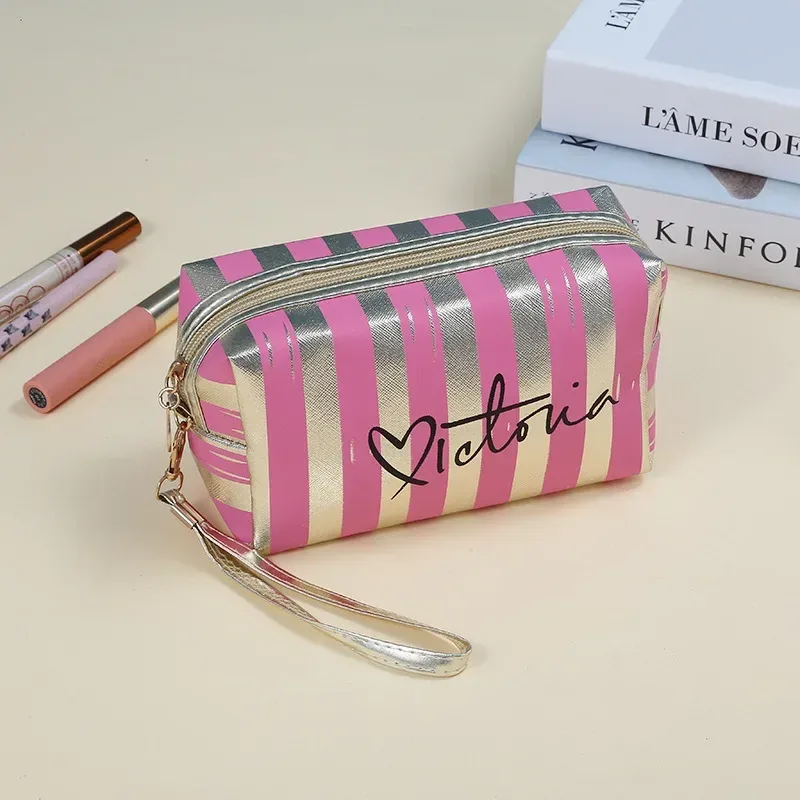 trousse de maquillage rayée portable et tendance pour femme – style coréen doux et cool, personnalisée et imperméable