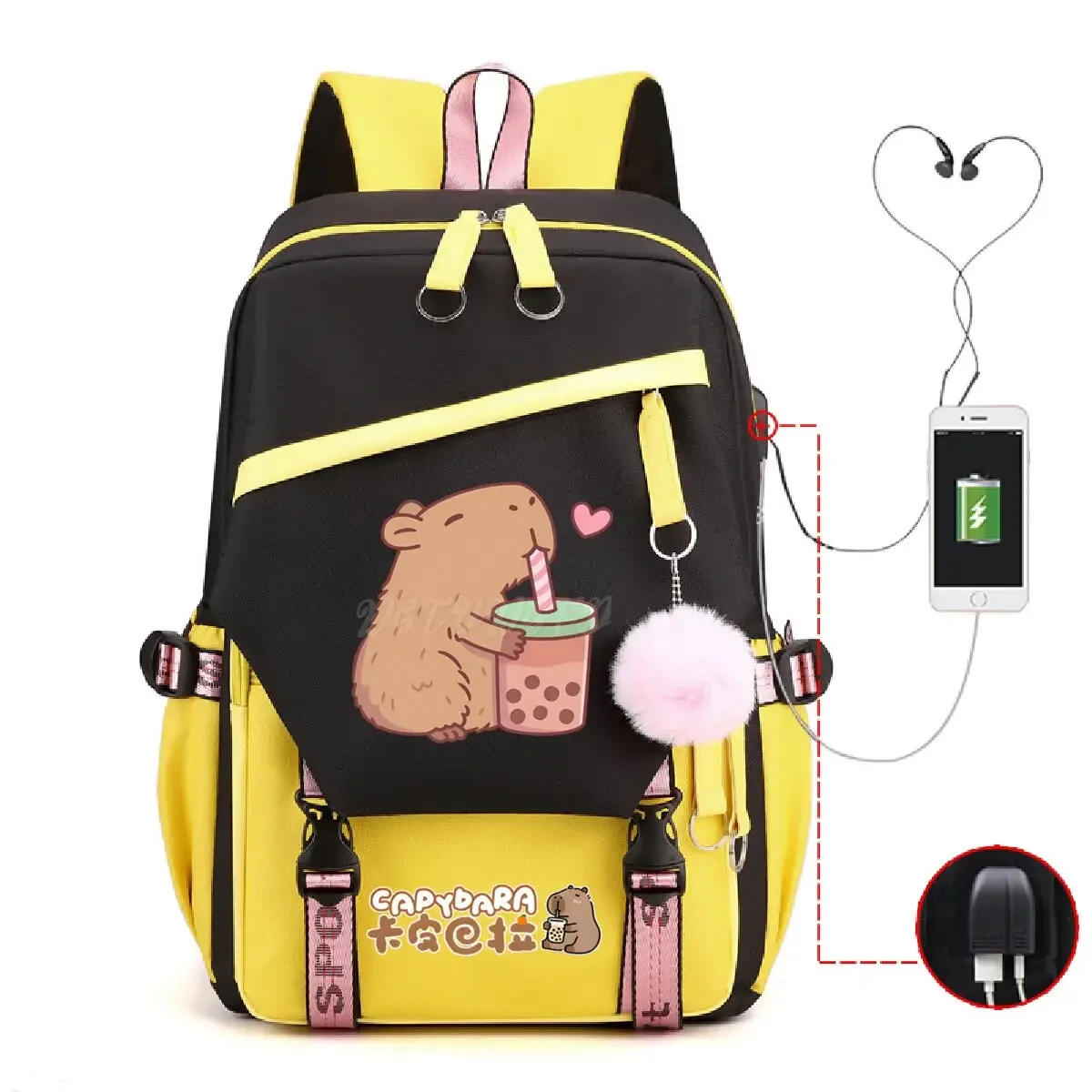mignon capybara amoureux bulle thé sac à dos femmes filles usb sac de charge grande capacité ordinateur portable capybara sac à dos femmes sacs de voyage