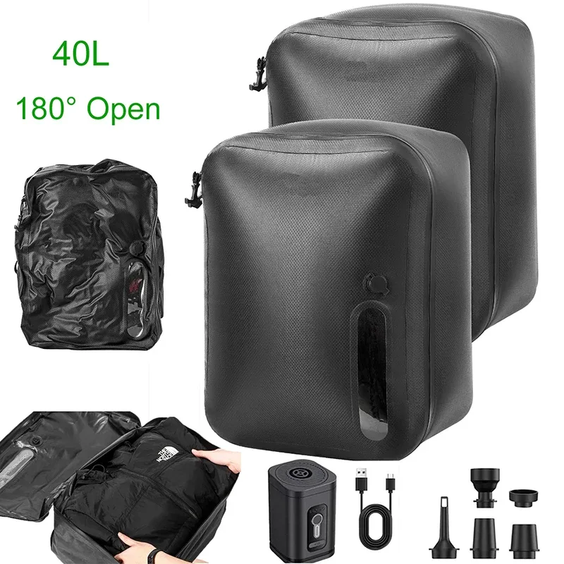 180 °   sacs sous vide ouverts pour voyage, sacs de compression peu encombrants 40l pour bagages, valise, sac à dos, rangement à domicile, étanche
