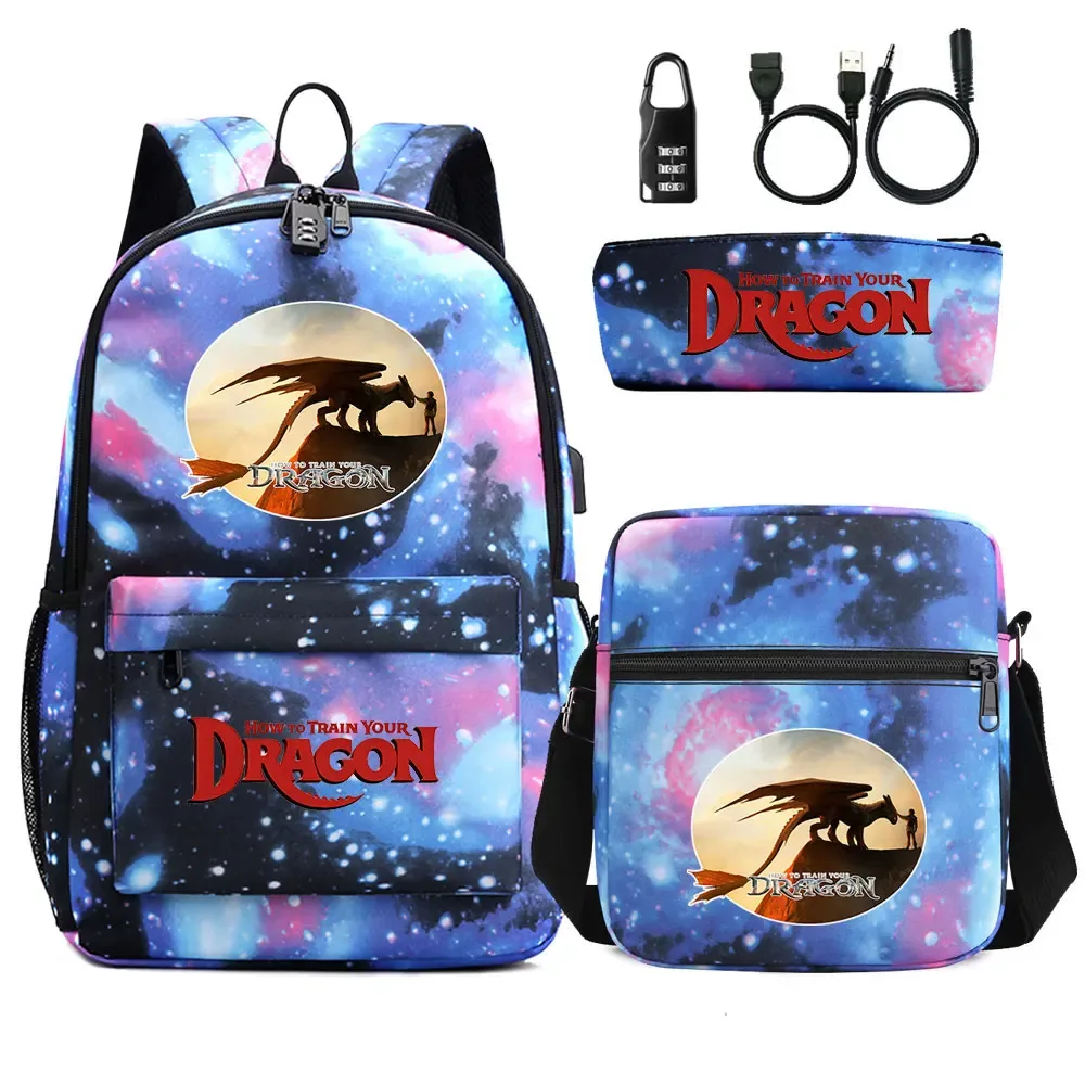 comment entraîner votre dragon 3 pièces usb antivol serrure garçon fille enfants retour à l'école livre sacs voyage sac à dos sac à bandoulière sacs à stylos