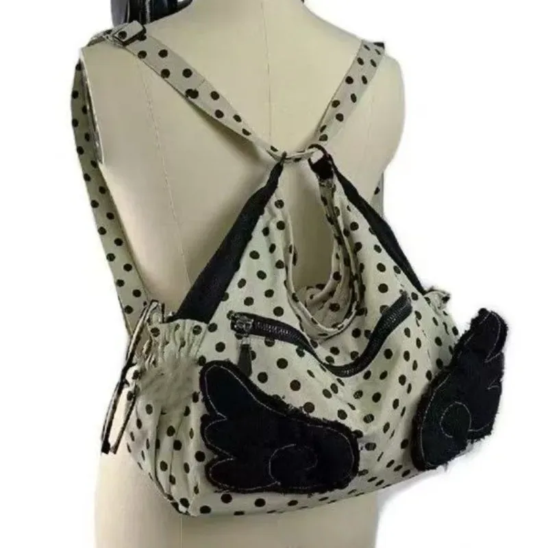 sac à bandoulière coréen à pois pour femmes, design ailes mignonnes, sac fourre-tout grande capacité, sac à dos tendance y2k pour les trajets quotidiens