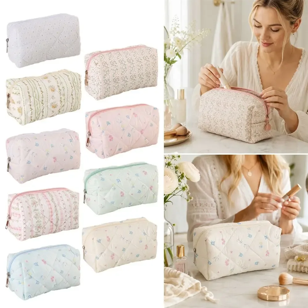 trousse de maquillage durable en coton doux, imprimé floral matelassé, grande capacité, pochette cosmétique, trousse de toilette pour soins de la peau et essentiels de beauté
