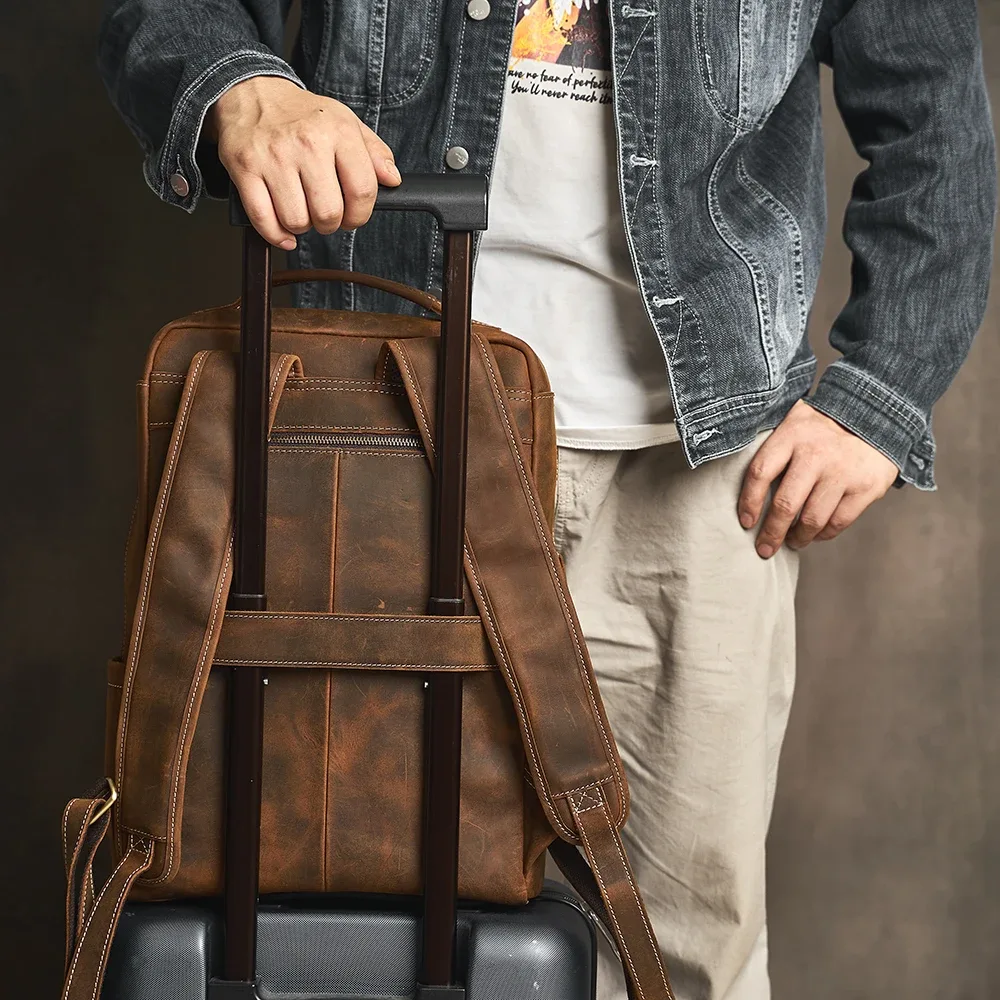 sac à dos décontracté en cuir véritable pour homme, camping, école, voyage, bureau, ordinateur portable, 17"