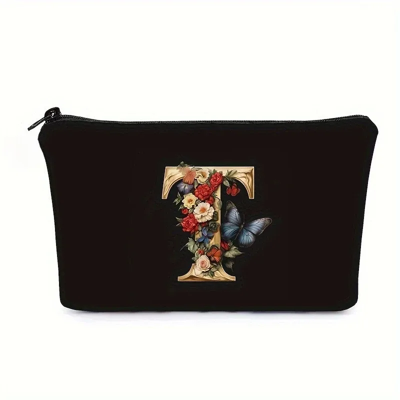 trousse de maquillage noire avec imprimés de 26 lettres de l'alphabet anglais, pochette à cosmétiques, sacs de rangement multifonctionnels