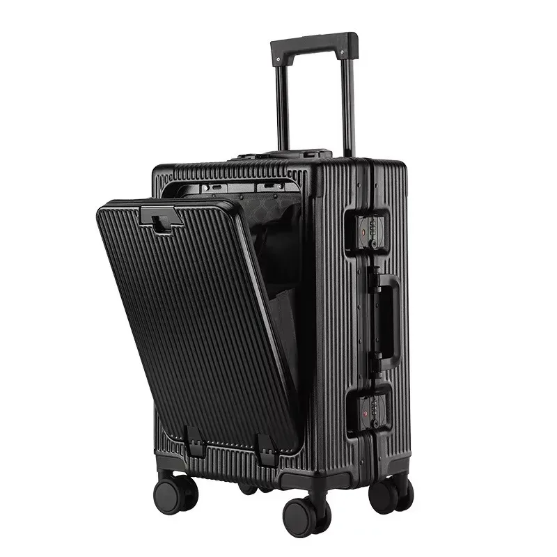 valise à cadre en alliage d'aluminium, poche d'ouverture avant avec prise de chargement usb, sac de boîtier de chariot à bagages roulant avec roue rotative