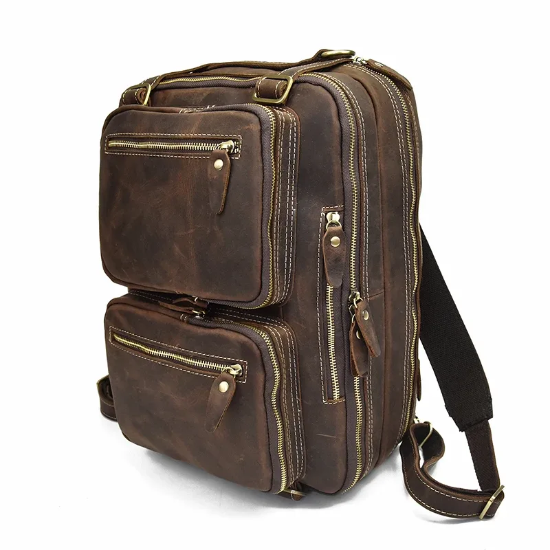 sac à dos en cuir de vache à double fermeture éclair, sac à bandoulière de bonne qualité, mallette de voyage et de bureau à double usage, en cuir pur