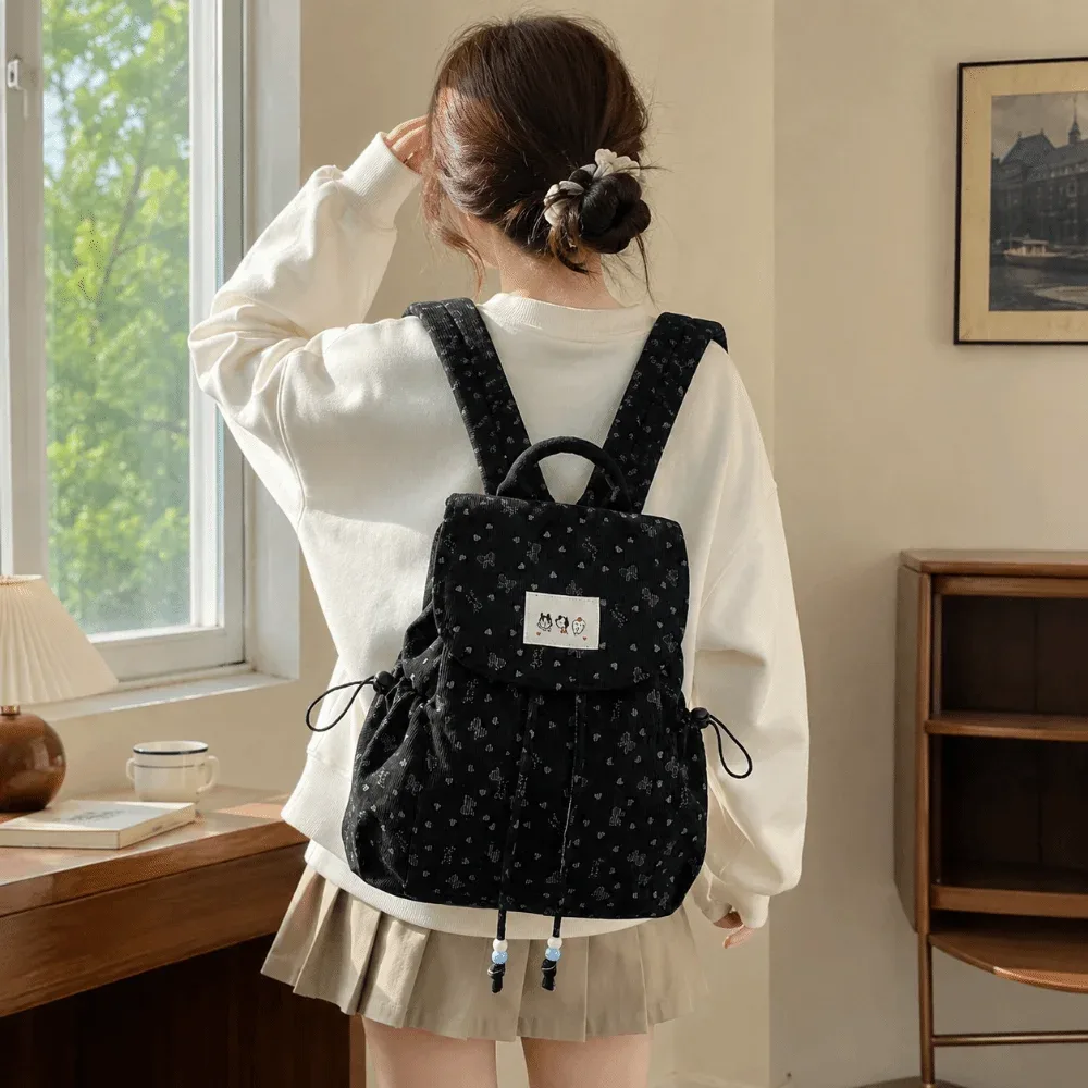 sac à dos élégant et léger en velours côtelé à imprimé nœud, grande capacité, avec cordon de serrage, polyvalent, design simple, pour femme