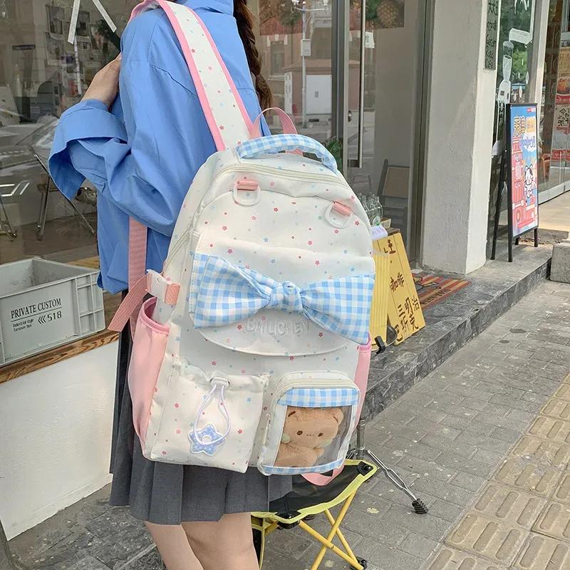 sac à dos en nylon pour adolescente, style coréen, avec nœud papillon, imprimé à carreaux et lettres, grande capacité, pour voyage et école