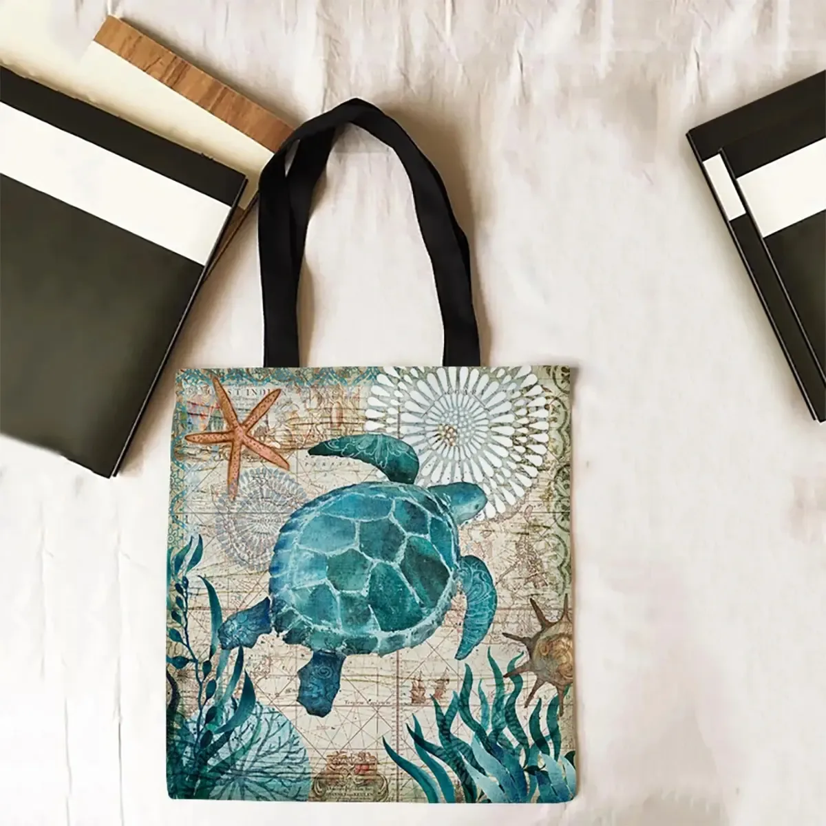 Sac fourre-tout de grande capacité imprimé tortue, sacs de voyage initiés, sacs à soupe, sacs à provisions en lin pour femmes avec impression