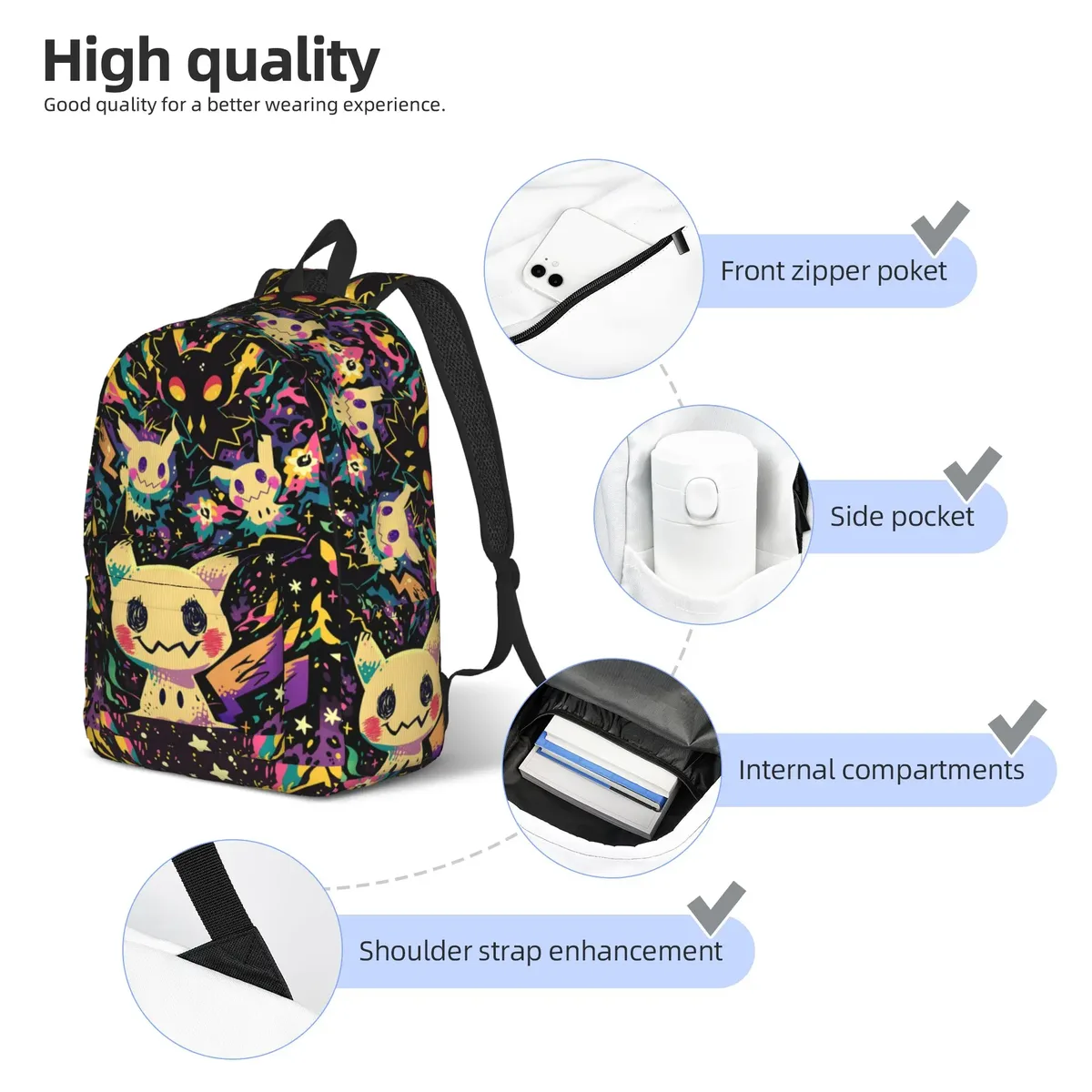 sac à dos tendance pokemon mimikyu à pois, style collage, mochilas, sac à dos décontracté pour le camping, robuste, à bandoulière